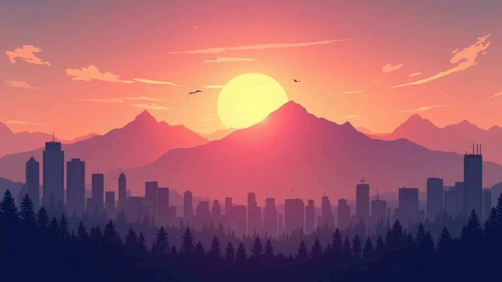 A serene sunrise over a mountain or city skyline symbolizing new beginnings