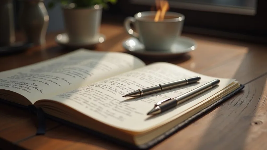 An open journal with a pen, placed near a steaming cup of coffee