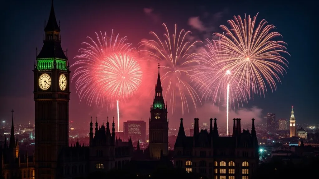 Fireworks lighting up the night sky or a clock striking midnight.