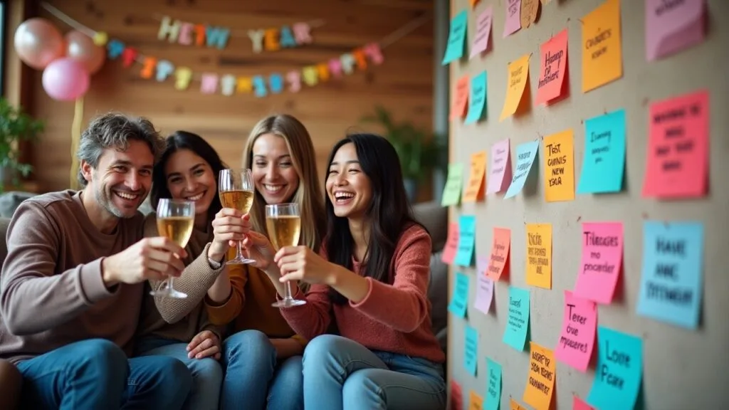 A family cheering together or an inspiring vision board filled with goals for the year ahead.