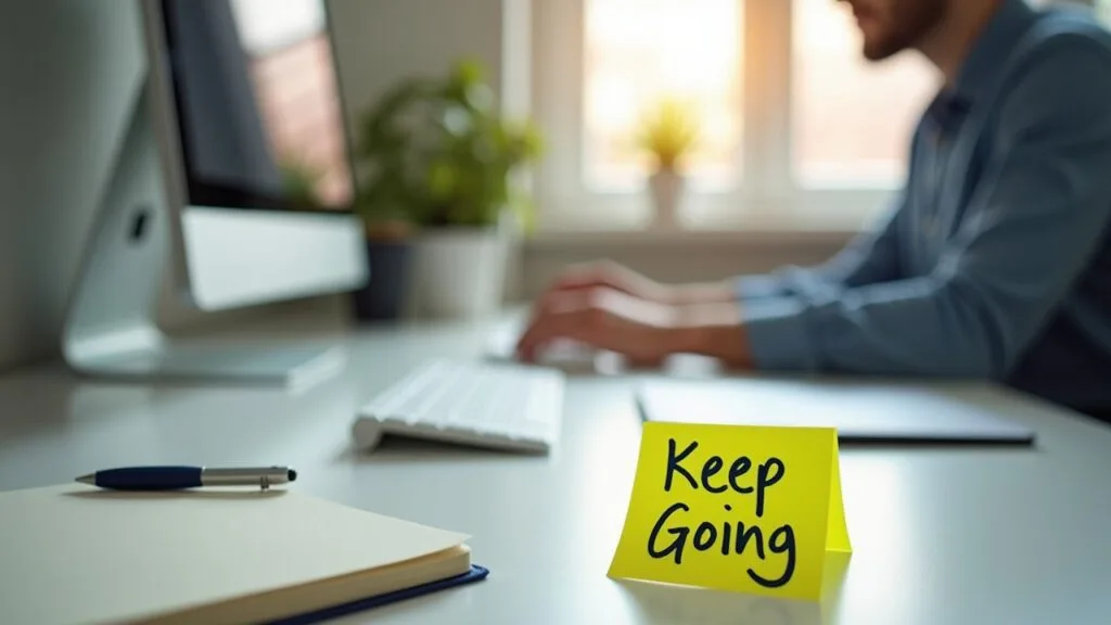 A sleek desk with a motivational sticky note or a person working with a determined expression. motivational sticky note keep going